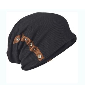 Forbusite Mens Black Oversized Slouchy Waffle Beanie Hat Adjustable Snap Button